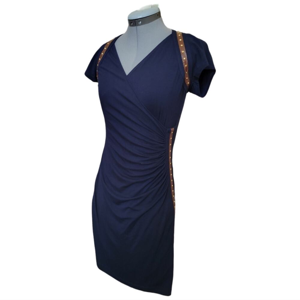 Carmen Marc Valvo Wrap Leather Studded Moto Style Dress Size Medium Navy Blue - Picture 3 of 7